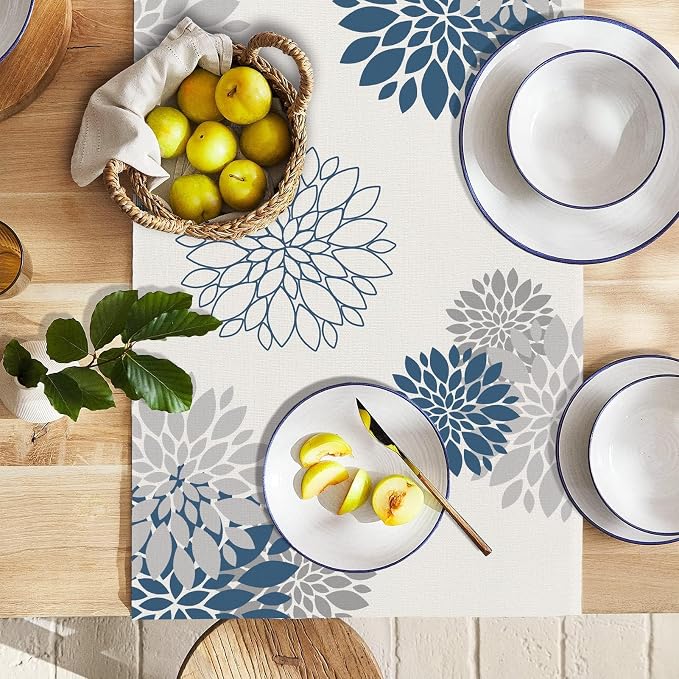 Blue Gray Table Runner Dahlia Pinnata Flower Beige Table Runners Modern Elegant - Image 2
