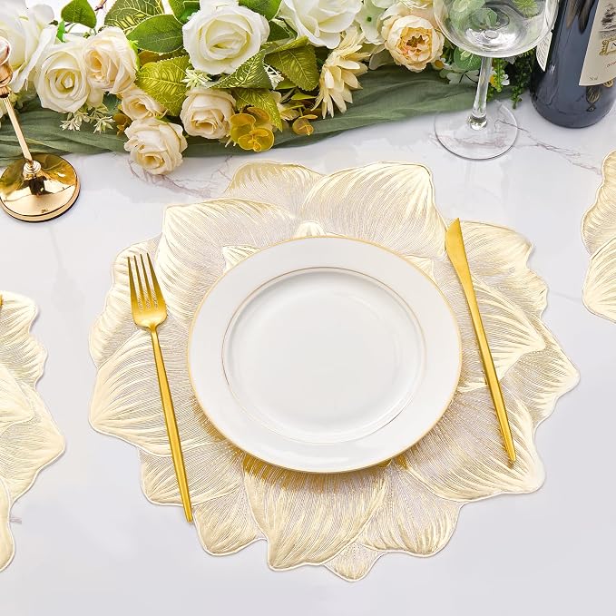 Gold Placemats Set of 6, Creative 3D Flower Placemats Waterproof Oil-Proof | - Image 4