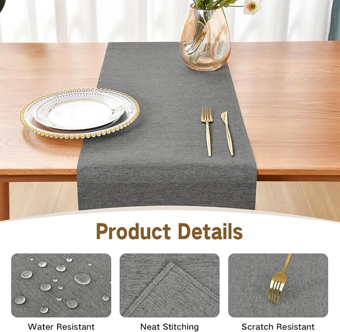 Faux Linen Table Runner Water Resistant 13 x 60 in, Charcoal | Farmhouse Rustic - Image 3