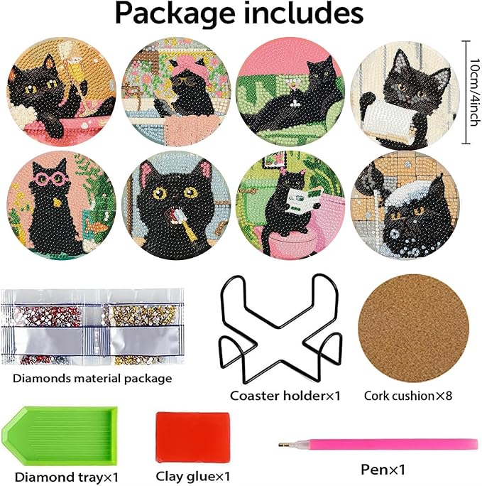 8 Pack Black Cat Diamond Art Coasters Kits-Diamond Painting Coasters Kit | 5D - Image 2