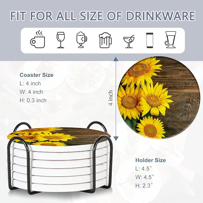 Table Coaster for Drinks Set of 6, Vintage Sunflower Wood Round Ceramic Coasters - Image 2