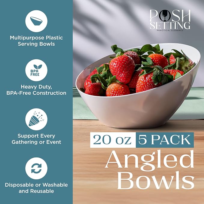 5 Pack White Angled Plastic Serving Bowl Disposable - Image 2
