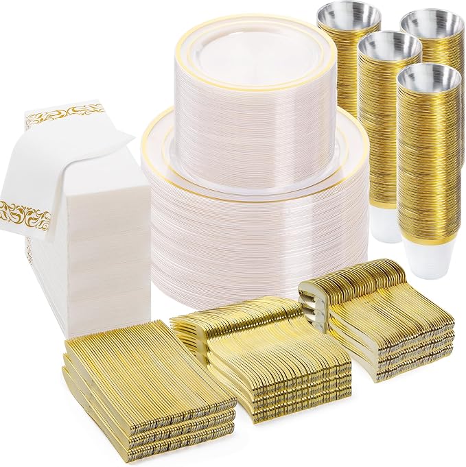 BESTVIP 700 PCS Clear Gold Plastic Plates and Silverware Set Disposable | Gold by Bestvip