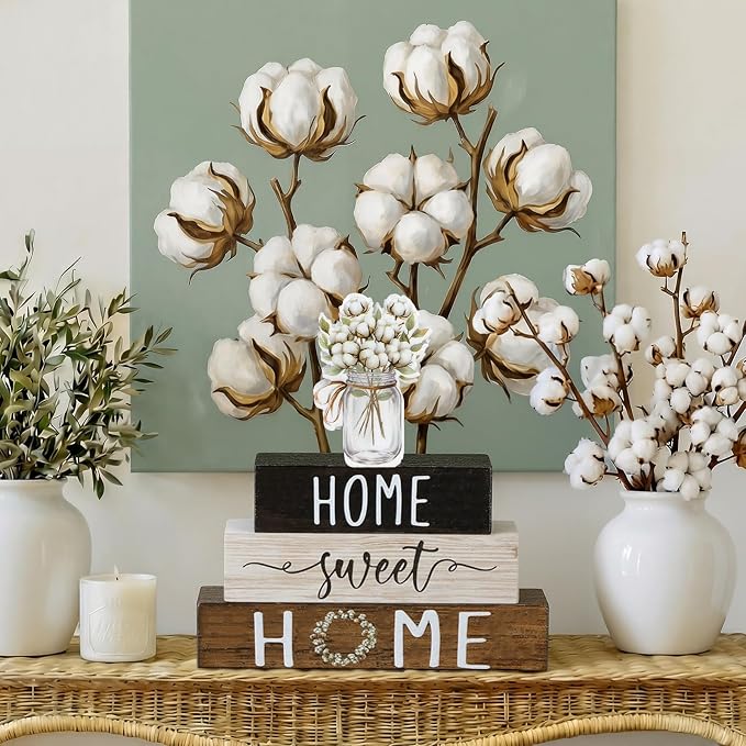 Cinnvoice 4 Pcs Farmhouse Wooden Tabletop Decor Cotton Summer Rustic Tiered - Image 6