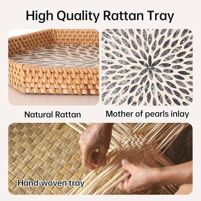 Hexagon Rattan Tray with Mother of Pearl Inlay, Rattan Serving Tray - Image 6