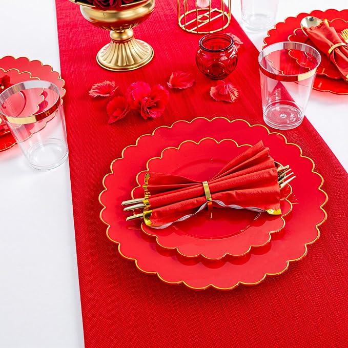 LIYH 210pcs Red Gold Scalloped Plastic Plates, Elegant Party Dinnerware | Heavy - Image 5