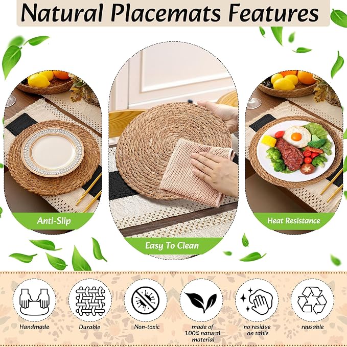4 Sets Boho Decoration Placemats Round Woven Placemats, Cloth Napkins, Wood - Image 4
