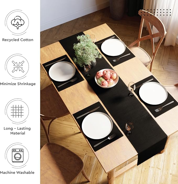 Encasa XO Table Runner, Yarn Dyed Ribbed Cotton 13"x79" | Solid Black, 12-Ply - Image 3