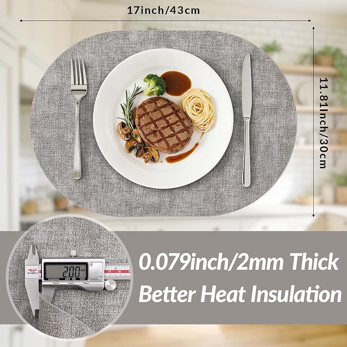 Placemats Set of 8, 11.8 x 17 Inch, Light Grey | Heat Resistant Oval Faux - Image 3