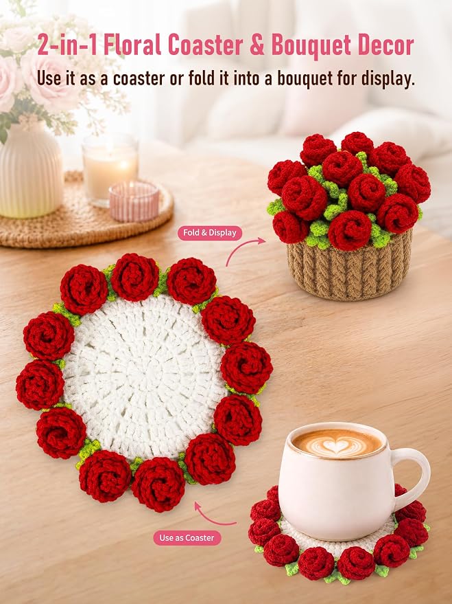 Crochet Flower Bouquet Coasters, Cotton Rose Gifts - Image 6
