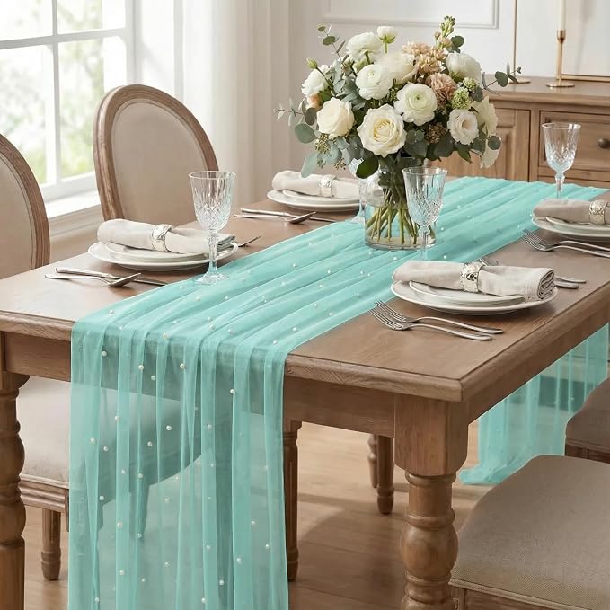 Artoid Mode 3PCS Pearl Turquoise Gauze Table Runner 120 Inch 10FT, Seasonal - Image 5