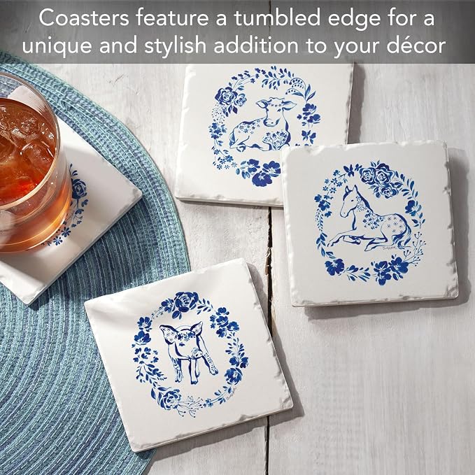 Thirstystone Blue Painted Farm 4 Pack Tumbled Tile Stone Coasters | 4" Square - Image 2