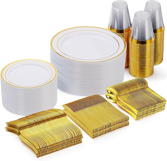 300 Pieces Gold Disposable Dinnerware Set by GoodLuck