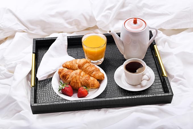 ATZYmolin 17"x12" Leather Serving Tray, Polished Metal Handles, Coffee Table - Image 7