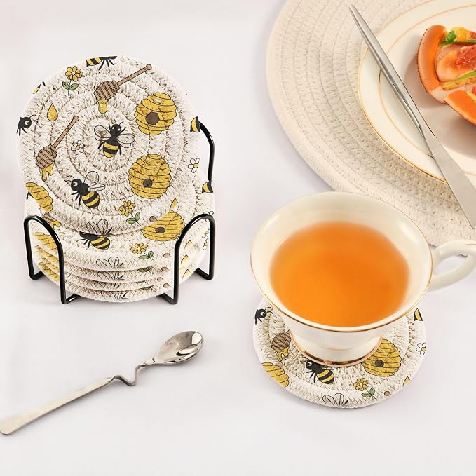 Bees Honeycomb White Print Coasters - Image 5