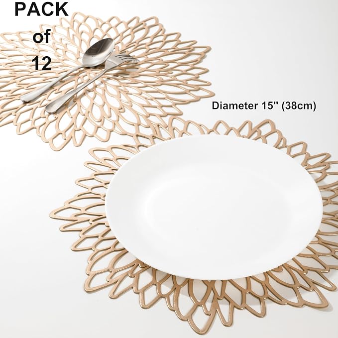 Snowkingdom Set of 12 Gold Metallic Placemats Laminated Vinyl Round Leaf - Image 2