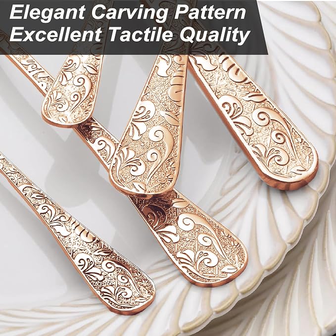Runfly Vintage Carved Rose Gold Stainless Steel 20-Piece Flatware Set | - Image 7