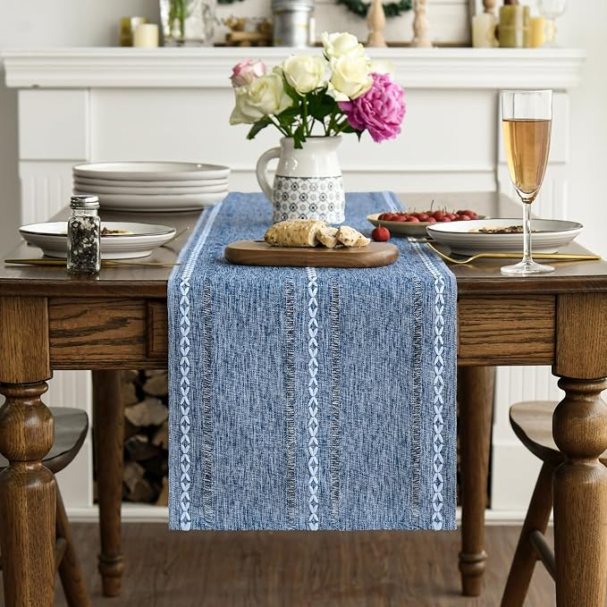 Artoid Mode Blue Rustic Cotton Linen Table Runner, Seasonal Embroidered Hollow - Image 3