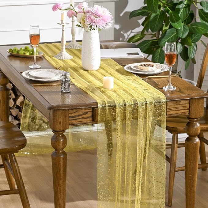 Artoid Mode Light Yellow Gold Gauze Table Runner 120 Inch 10FT, Glitter - Image 3