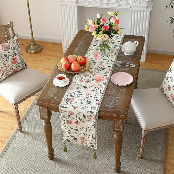 Designer Vintage Linen Extra Long Table Runner, Floral Pattern, Dining Table - Image 9