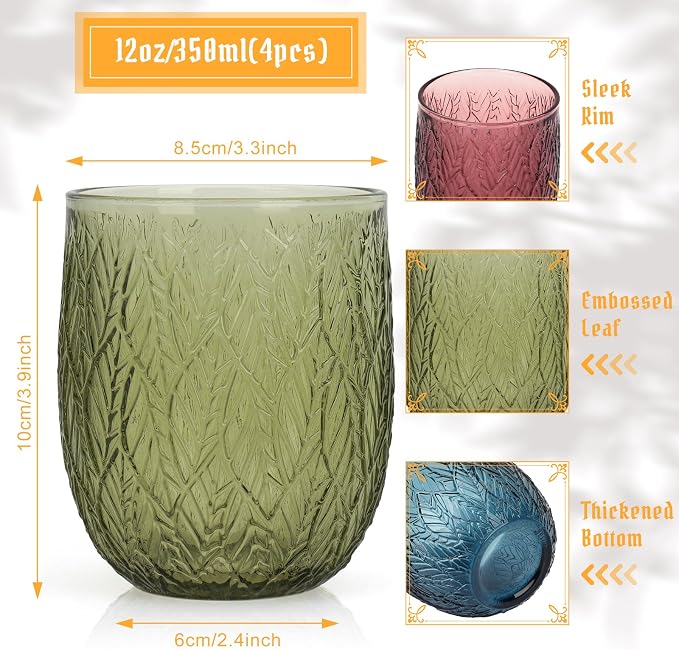 Topsky Vintage Drinking Glass Set of 4, 12 oz Embossed Willow Leaf Drinkware Set - Image 3