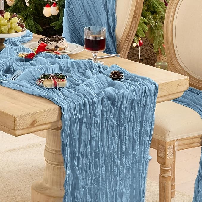 Dusty Blue Cheesecloth Table Runner 120inch Boho Gauze Home Decor | 10 FT Sheer by Playieer