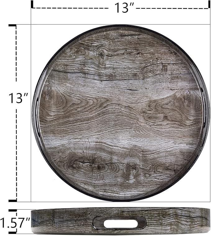 13" Round Decorative Tray, Faux Wood Serving Tray - Image 2
