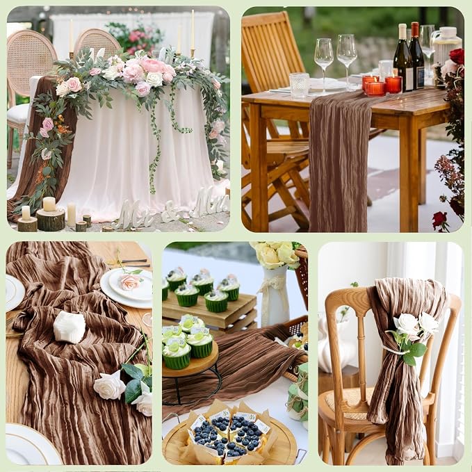 Cheesecloth Table Runner 10FT 3Pcs Brown Boho Gauze Rustic Sheer Runners | - Image 7