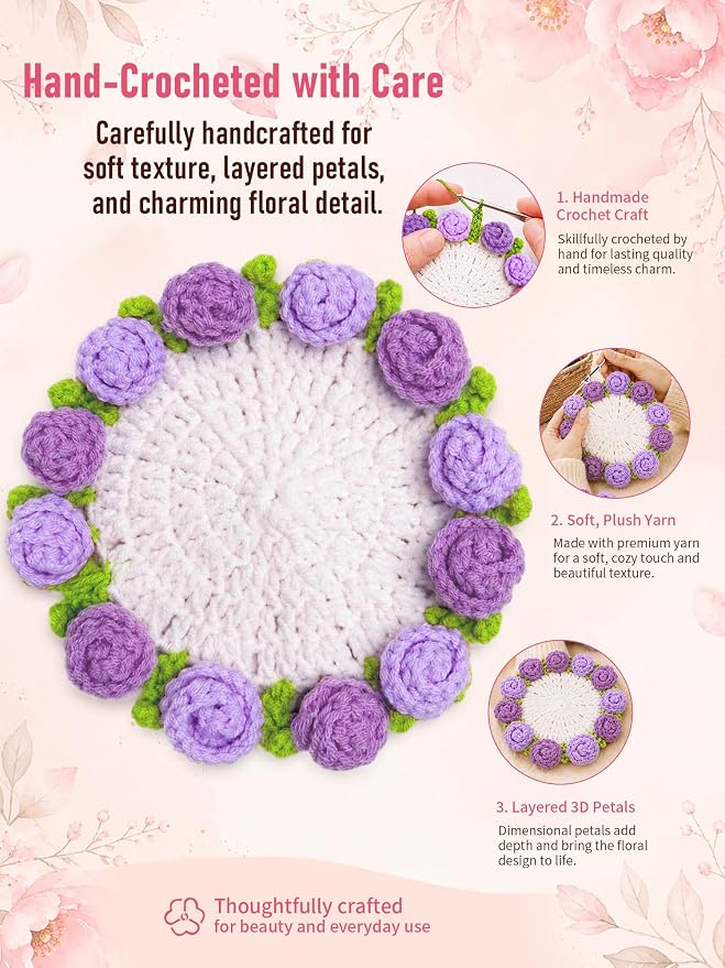 Crochet Flower Bouquet Coasters, Cotton Rose Gifts - Image 4