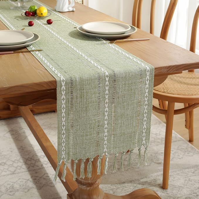 Wracra Rustic Linen Table Runner, Sage Green Table Runners 90 inches Long | - Image 6