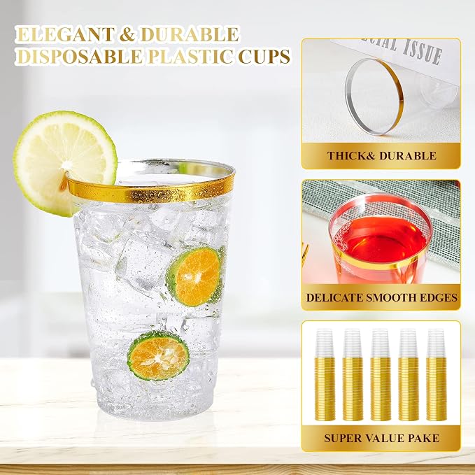 Vplus 150 Pack 12 OZ Gold Rimmed Disposable Plastic Drinking Cups - Image 2