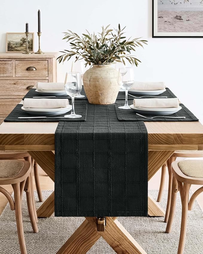 Linen Checked Farmhouse Table Runner, 13x108 Inches Black | Raised Grid Design - Image 2