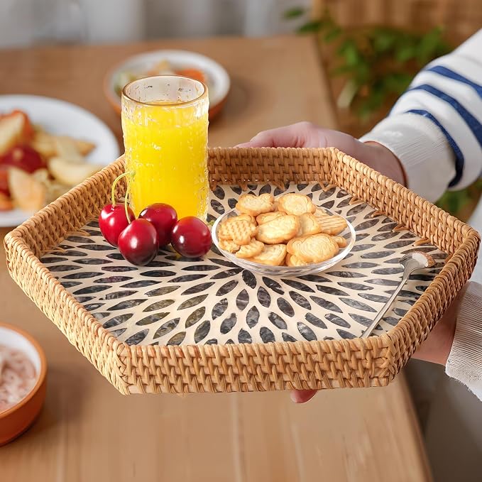 Hexagon Rattan Tray with Mother of Pearl Inlay, Rattan Serving Tray - Image 5