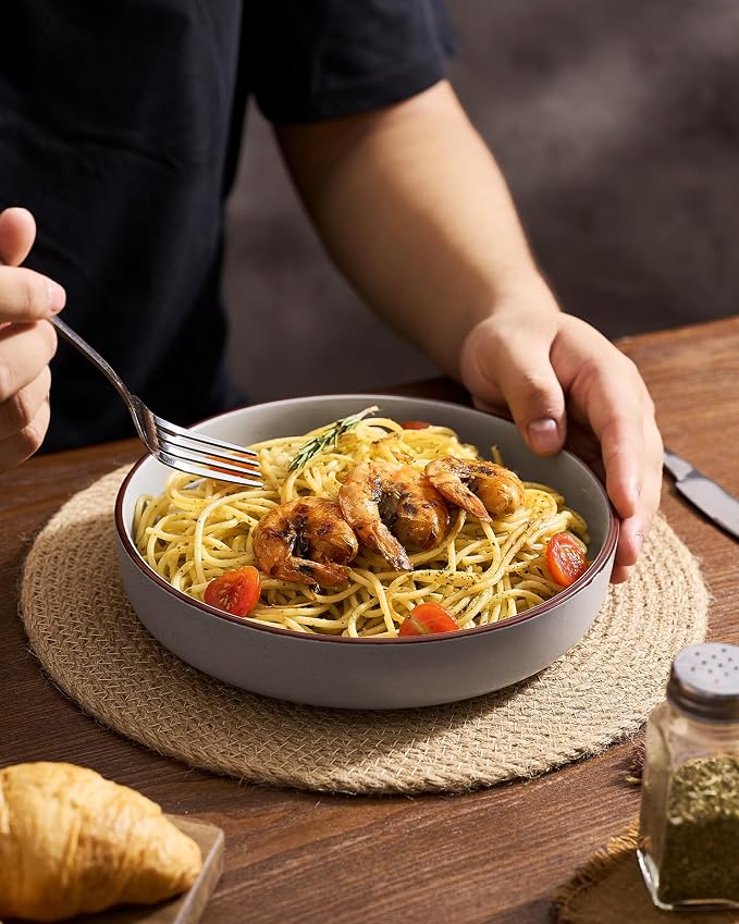 famiware Mercury Pasta Bowls Set of 4, 33 oz Large Salad Bowls, Light Gray | - Image 7