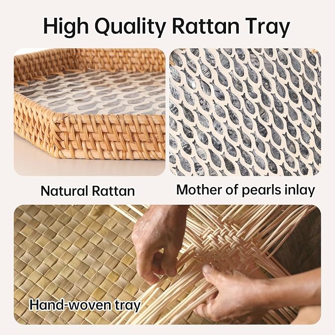 Hexagon Rattan Tray with Mother of Pearl Inlay, Rattan Serving Tray - Image 5