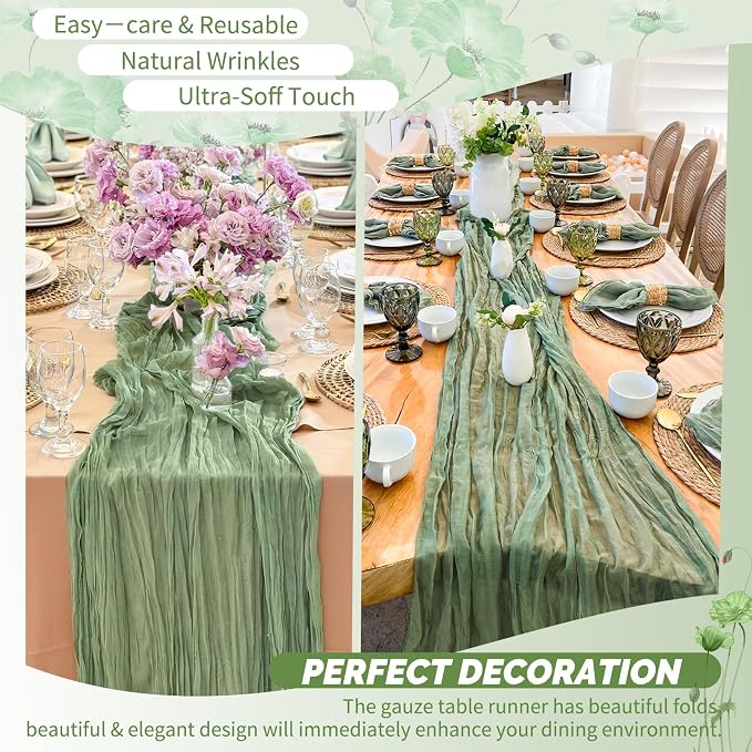 Showgeous 18 Pack Sage Green Cheesecloth Table Runner, 17 x 108 Inches | Boho - Image 6