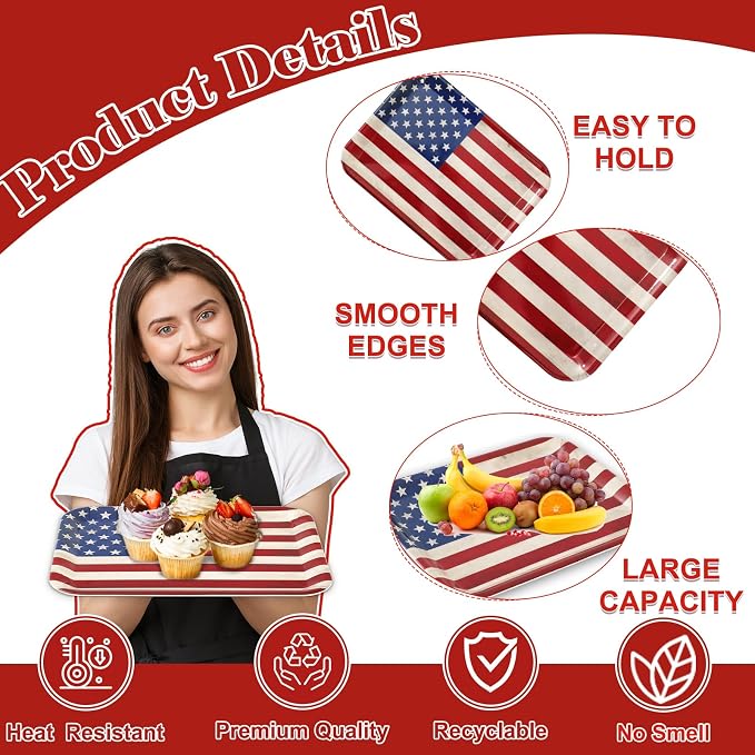 Whaline 3 Pcs Patriotic Serving Trays Vintage American Flag Melamine Platter - Image 3