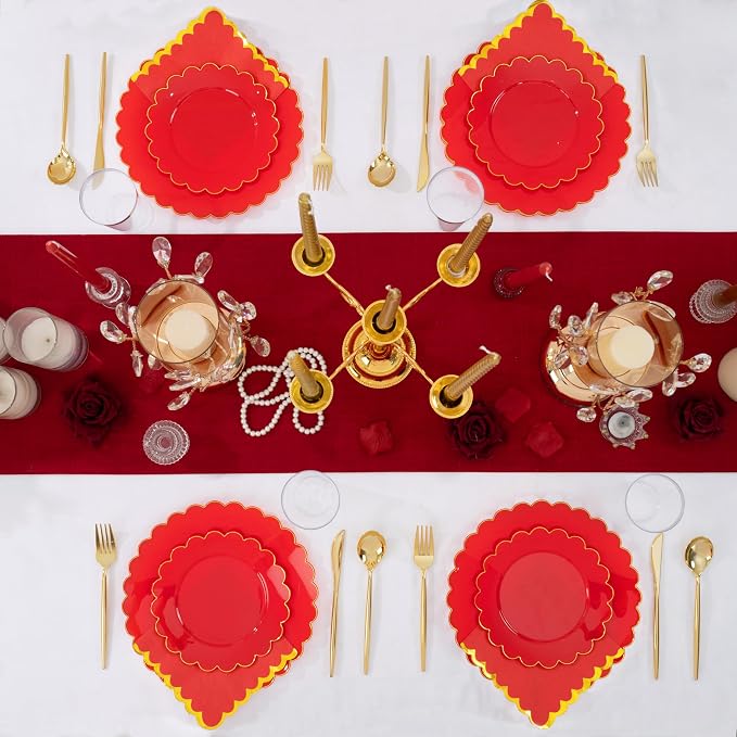 LIYH 210pcs Red Gold Scalloped Plastic Plates, Elegant Party Dinnerware | Heavy - Image 7