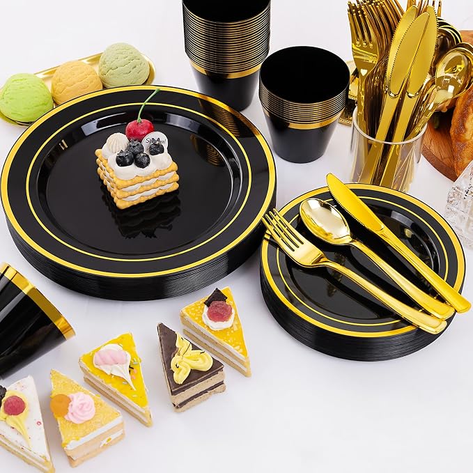 WELLIFE Black and Gold Plates, Plastic Dinnerware Set - Image 5