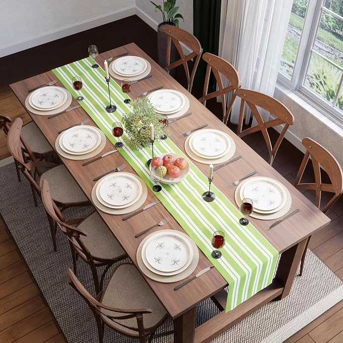 Encasa XO Table Runner, Woven Cotton Dining Runner 13"x120" Franca Lime Stripes - Image 4