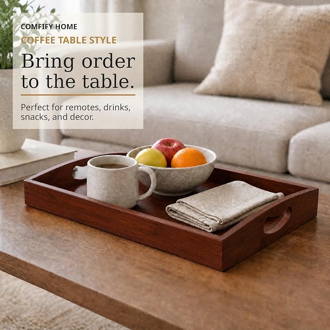 Comfify Dark Brown Bamboo Serving Trays Set of 3 – Nesting Ottoman Trays | - Image 5