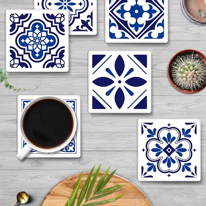 Navy Blue Tile Coasters for Drinks, Ceramic Stone | Geometric Abstract - Image 2