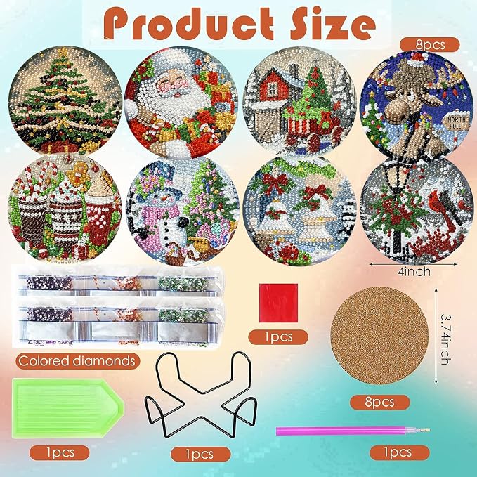 ijbnhd 8 PCS Christmas Diamond Art Coasters Kit 4X4inch | Christmas Diamond - Image 3