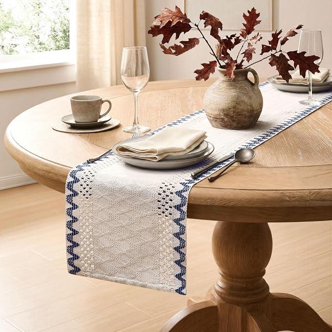 Macrame Side Trim Boho Woven Table Runner, Dusty Blue 12x60 Inch | Crochet - Image 5
