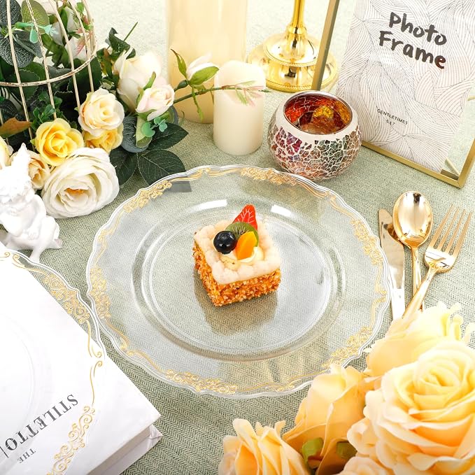 DaYammi 60PCS Clear Gold Plastic Plates Fancy Heavy Duty Clear Disposable - Image 2