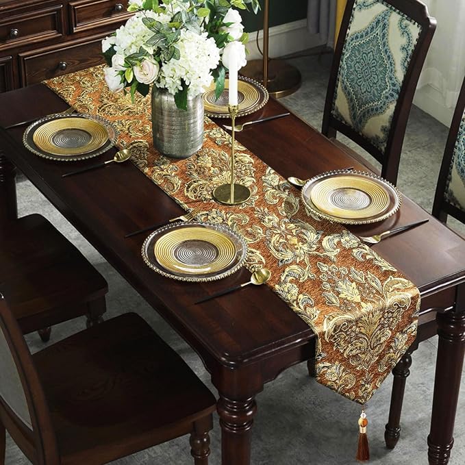 Vintage Table Runner 13x98 Premium Chenille Caramel Euro Floral Pattern | - Image 3