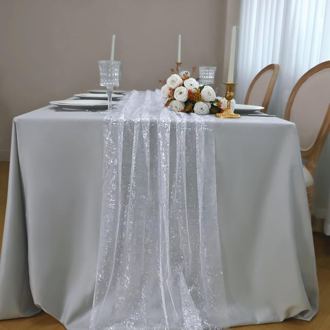 Snowkingdom 10 Pcs 10 FT Silver Table Runners, Sheer Chiffon Gauze Cheesecloth - Image 6