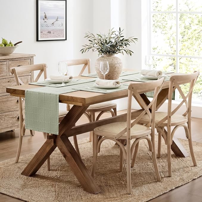 Linen Checked Farmhouse Table Runner, 13x60 Inches Seeding Green | Raised Grid - Image 3