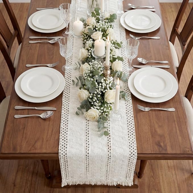 Boho Macrame Table Runner with Tassels 72in White Farmhouse Runner | Macrame - Image 6