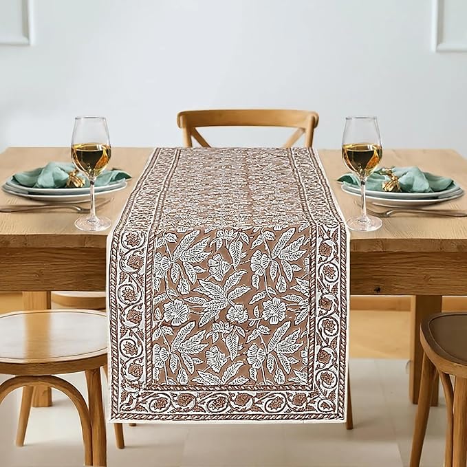 Oak Brown Hand Block Print 100% Cotton Reusable Table Runner 16" X 70" Inches by Ridhi